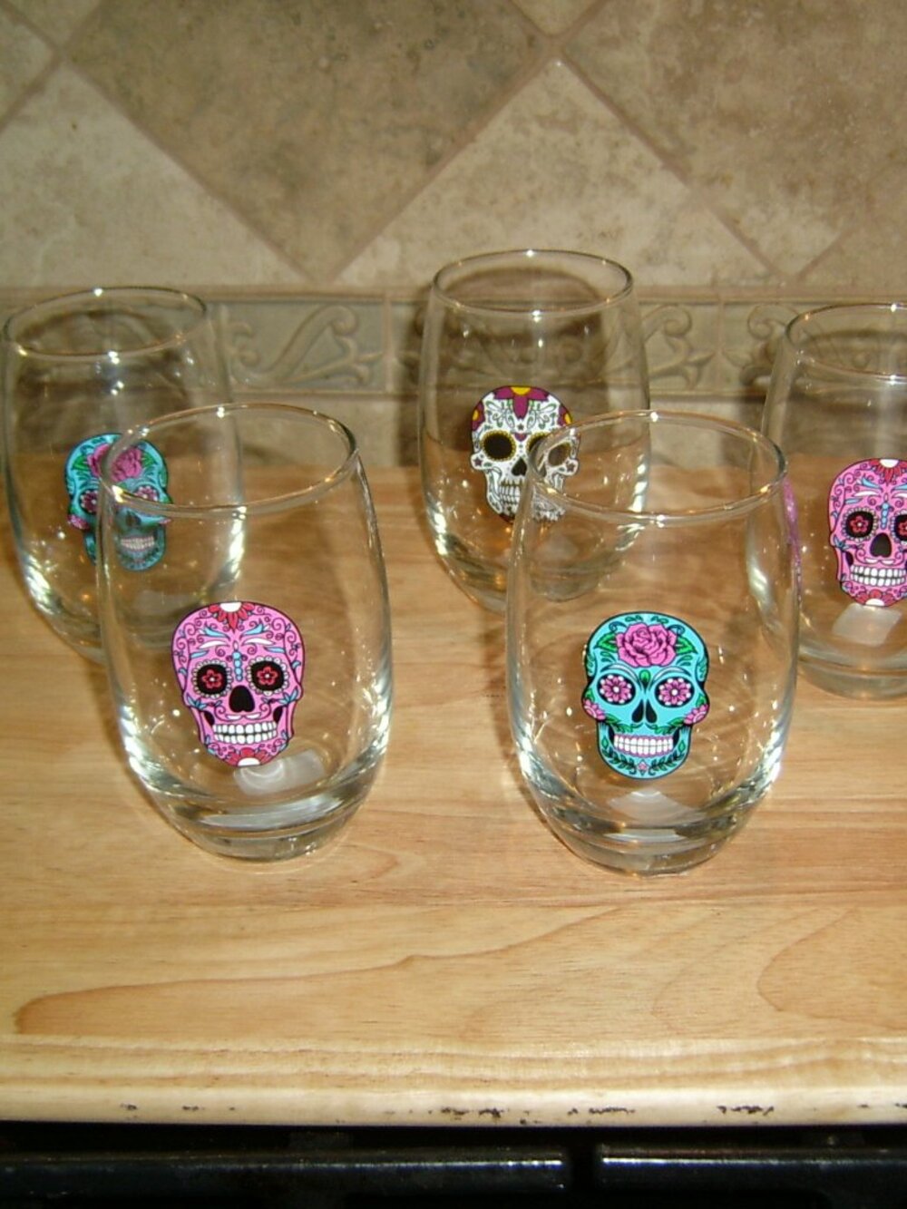 Day of the Dead Sugar Skull 5" Stemless Wine Glasses (SET OF 5), NWT